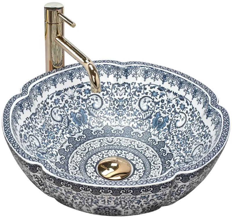 Lavoar ceramic rotund Rea Vivien, decor alb-albastru, 42,5 x 42,5 cm