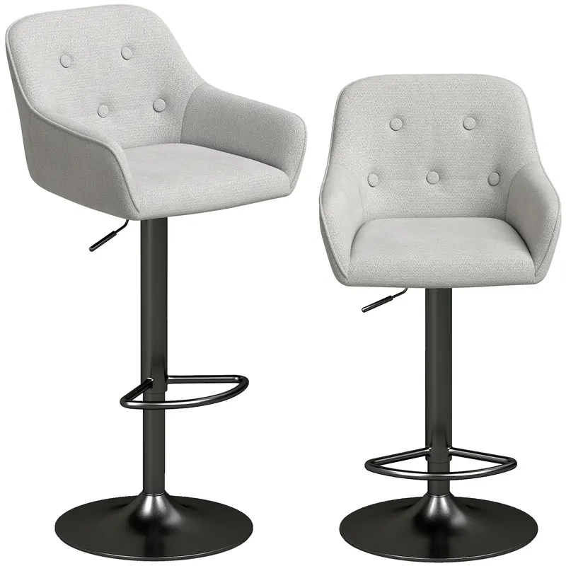 HOMCOM Set de 2 taburete de bar, scaune de bar din chenille, înălțime reglabilă, rotire 360°, spătar și suport pentru picioare, gri