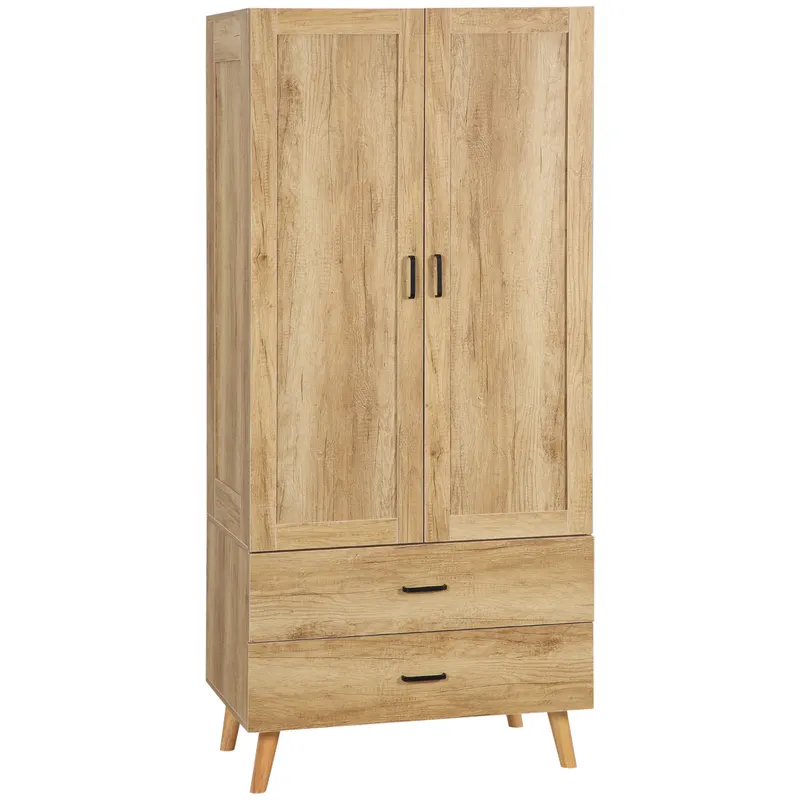 HOMCOM Dulap Dormitor 2 Uși cu 2 Sertare și Bară pentru Umerașe 80x54x180 cm Lemn