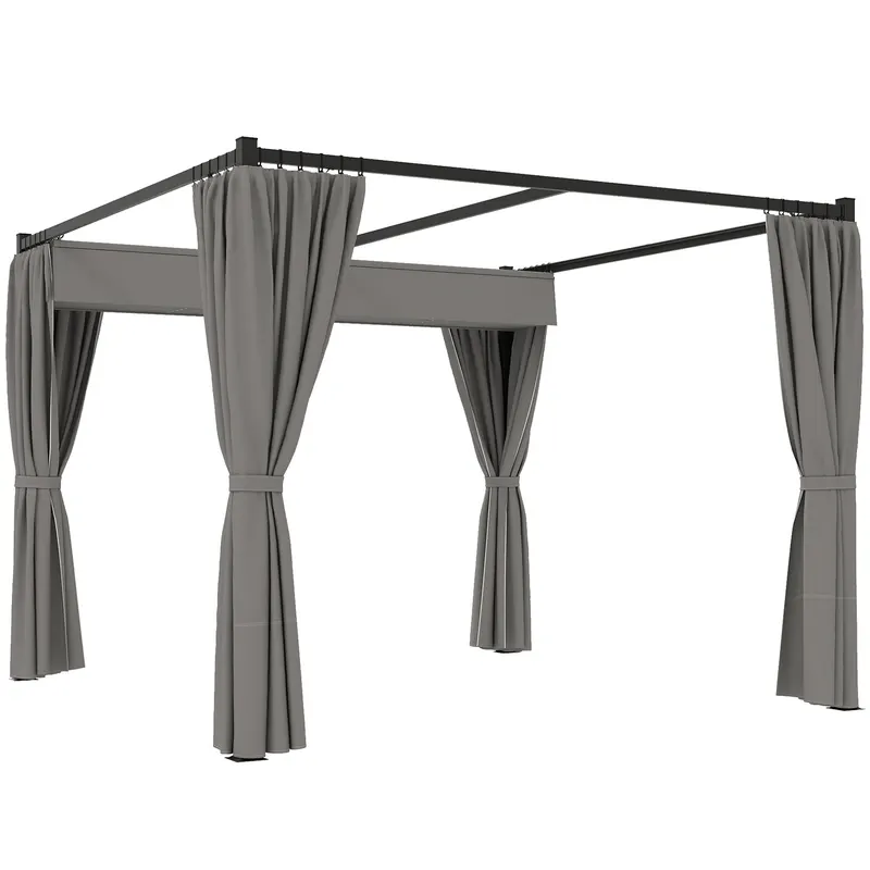 Outsunny Pergolă Retractabilă 3x3 m, Foișor de Grădină cu Perdele, pentru Grătar, Terasă, Deck, Bej