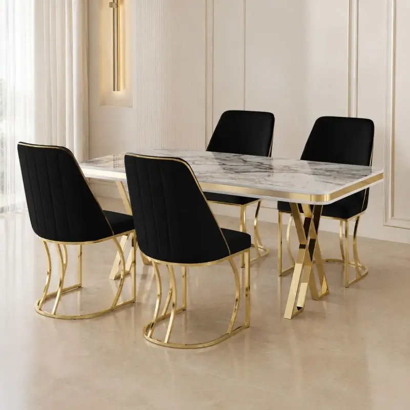 Set masa si 4 scaune culoare masa marmorat alb scaune tapitat negru