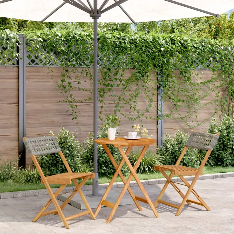 set bistro de gradina, 3 piese, gri, poliratan si lemn masiv