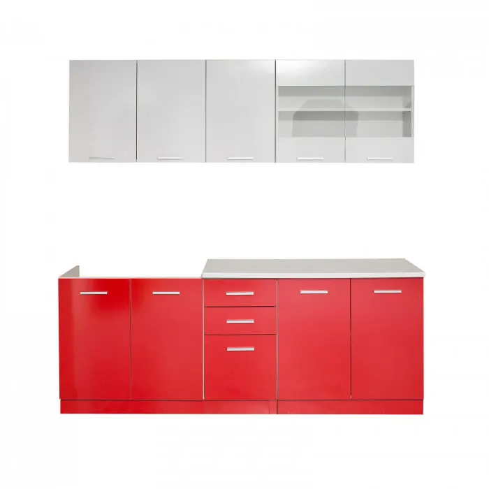 Set Bucatarie YANA HG, L 200, 6 corpuri, blat termorezistent, corp alb lucios, fronturi alb lucios + rosu