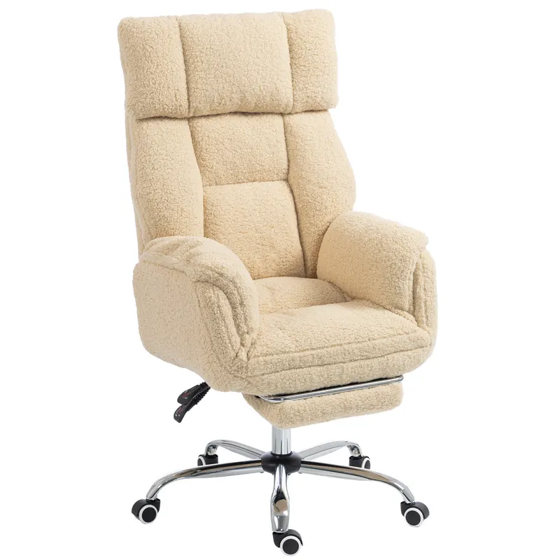 HOMCOM Scaun de birou ergonomic cu brațe rabatabile 5 niveluri, fotoliu de birou înclinat din țesătură teddy, Crem