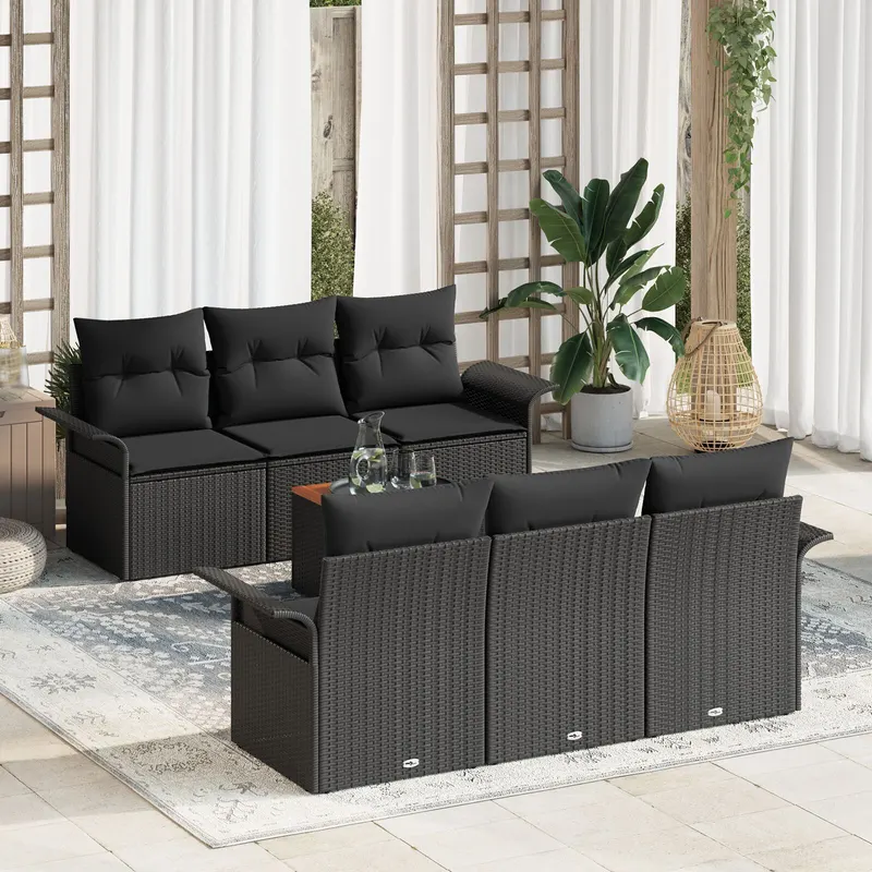 Set de sofa gradina 7 piese cu pernute negru poliratan acacia, sofa gradina 2-seater cu depozitare & pernute negru poliratan