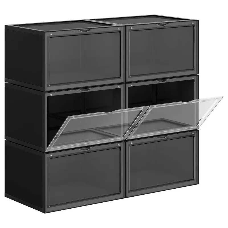 Organizatoare pantofi, transparente cu usa frontala, stivuibile, PVC, 6 cutii x 36x28x22 cm, negru