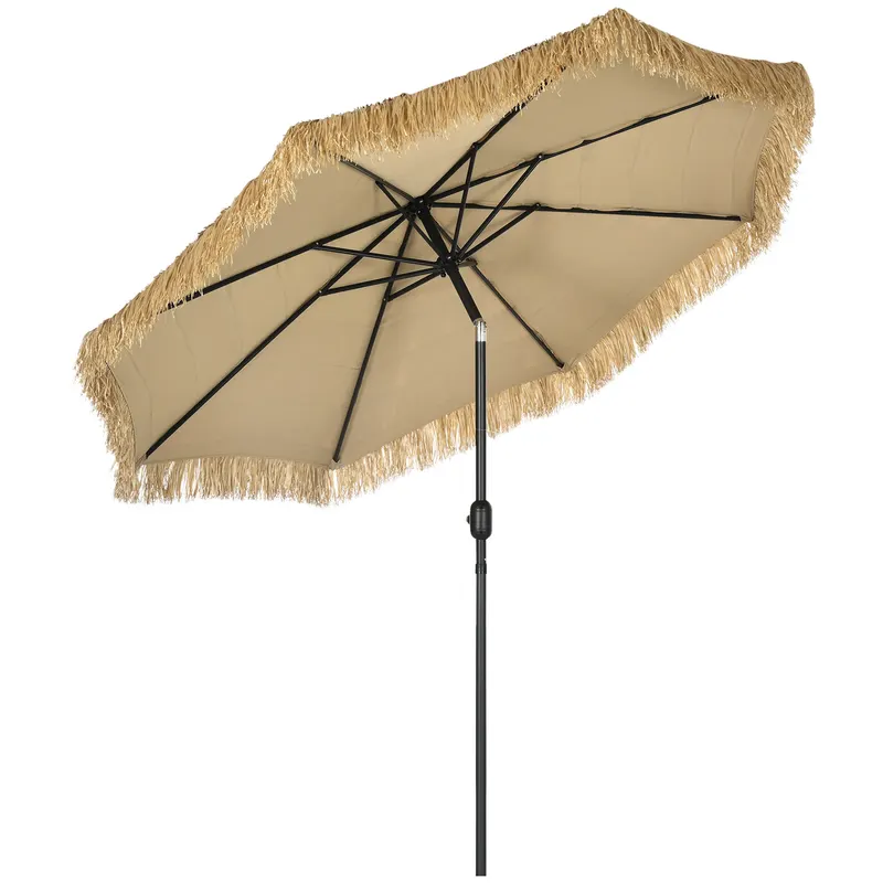 Outsunny Umbrelă de Grădină Stil Hawai cu Paie, Rotundă cu Manivelă, Ø265x250cm, Kaki