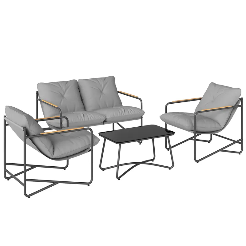 Set de Grădină Outsunny cu Canapea, 2 Fotolii și Măsuță cu Blat din Sticlă, Mobilier de Exterior cu Perne Groase, Gri Deschis