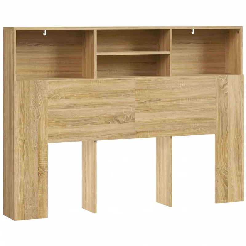 HOMCOM Tăblie de pat 140 cm cu depozitare, 4 compartimente deschise pentru dormitor, stejar
