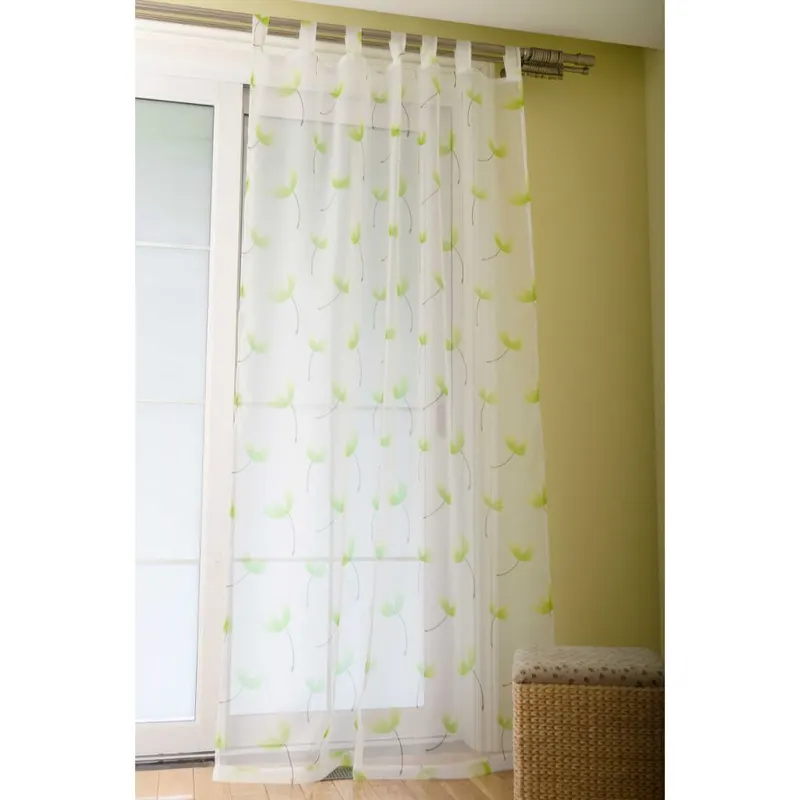Perdea Cannes, alba cu flori verzi, cu bride, poliester, 140 x 245 cm