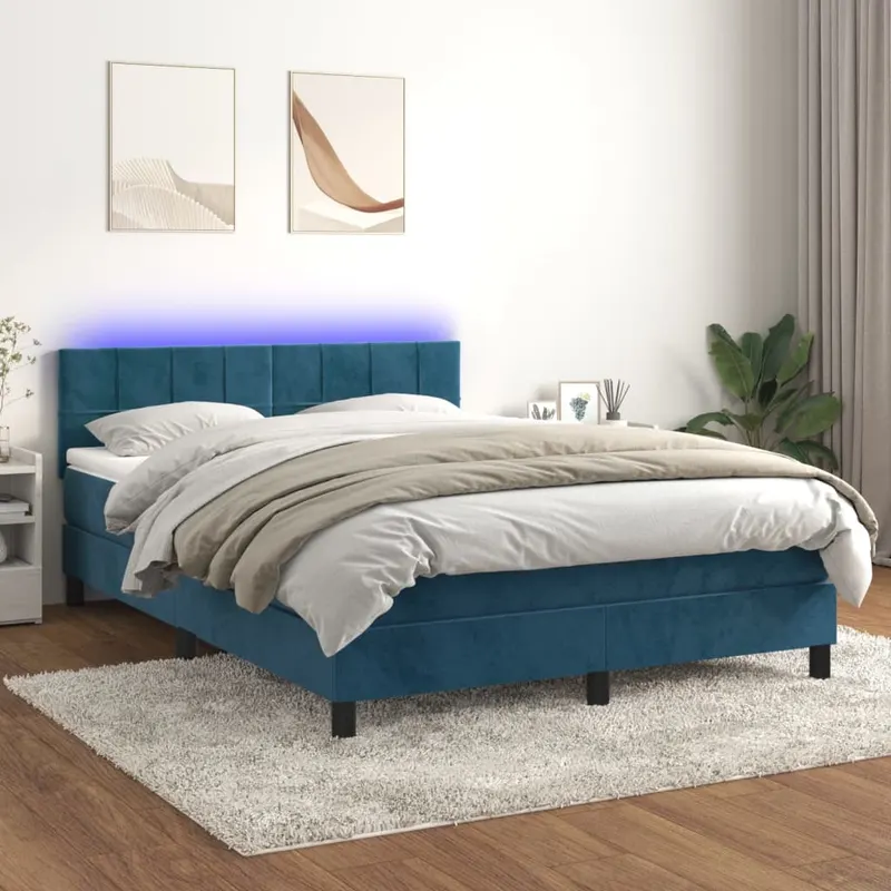 pat cu arcuri, saltea si led, gri inchis, 140x200 cm, catifea