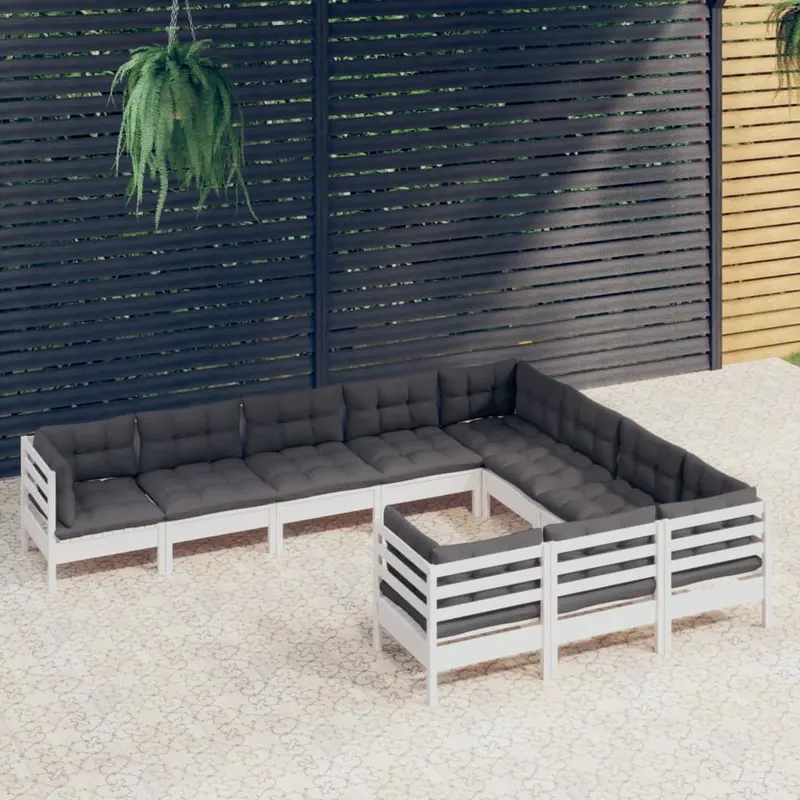set mobilier gradina cu perne, 10 piese, alb, lemn de pin