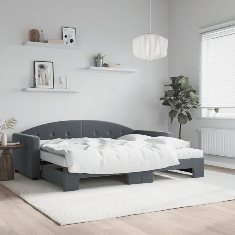 pat de zi cu extensie si saltele, gri inchis, 90x190 cm catifea