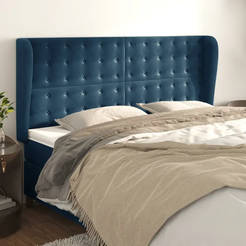 tablie pat cu urechi albastru inchis 203x23x118/128 cm catifea