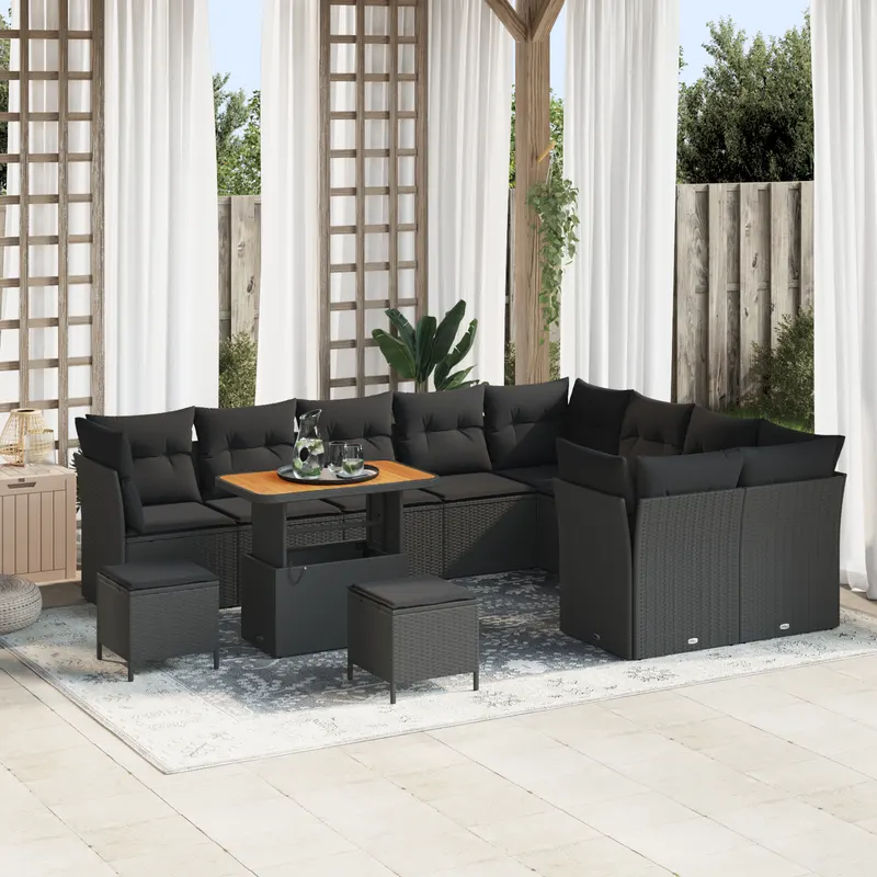 Set de canapea de gradina 12 piese cu perne ratan poliratan acacia negru, set de dining de gradina 3 piese cu perne ratan poliratan acacia negru