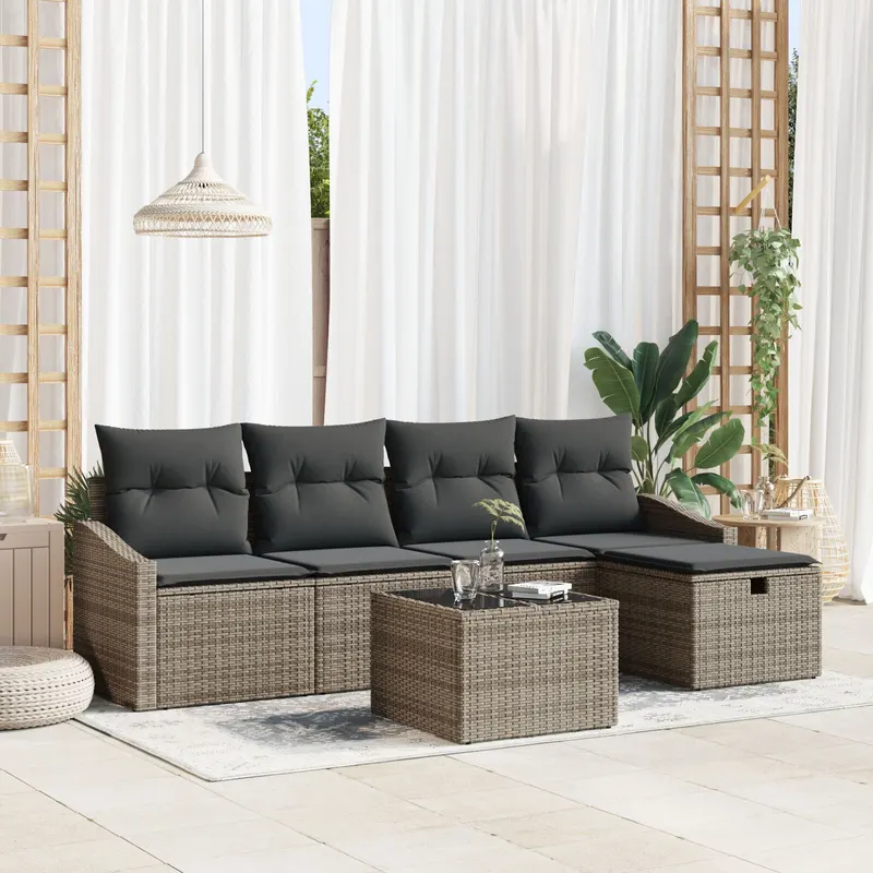 set de canapea de gradina cu perne gri din poliratan, 6 piese