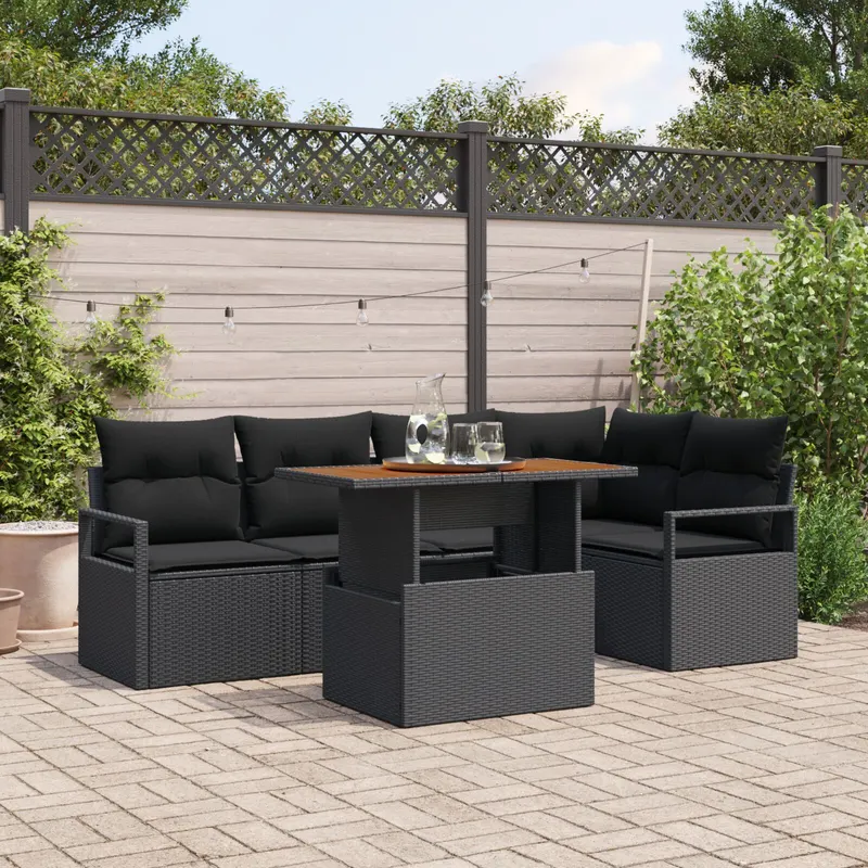 Set de canapea de gradina cu 6 piese cu perne negru ratan polimer, canapea de gradina cu 2 locuri cu spatiu de depozitare & perne negru ratan polimer