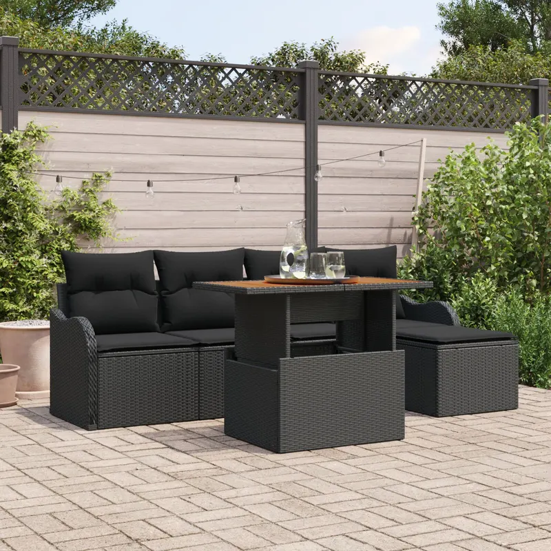 Set de canapele de gradina cu 6 piese si pernite din ratan poliester negru, canapea de gradina cu 2 locuri cu depozit si pernite din ratan poliester negru