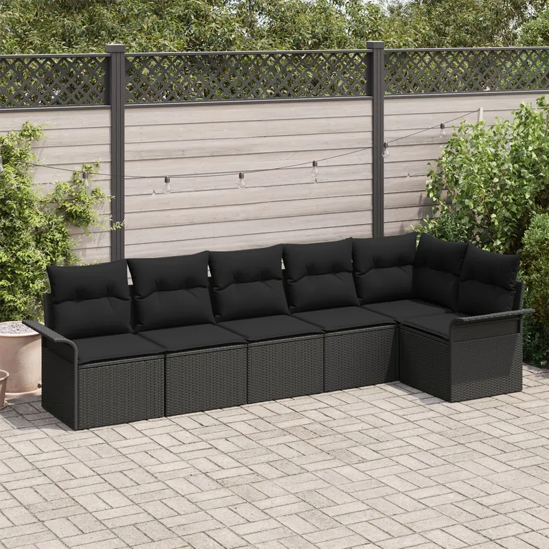 set de canapea de gradina cu 6 piese si perne negru ratan polimer, canapea de gradina cu 2 locuri cu spatiu de stocare si perne negru ratan polimer