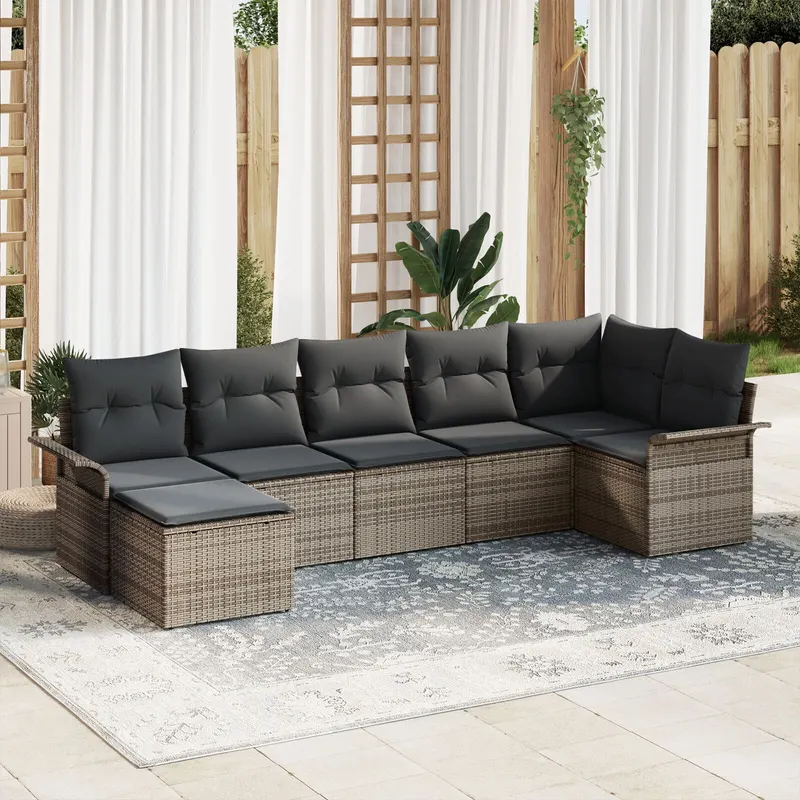 set de canapele de gradina cu 7 piese cu perne gri din ratan poli