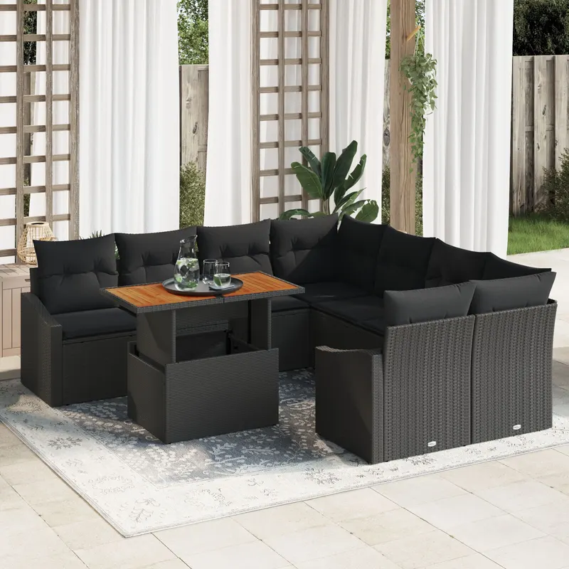 set de dining pentru gradina format din 9 piese cu perne, rattan poli, acacia neagra