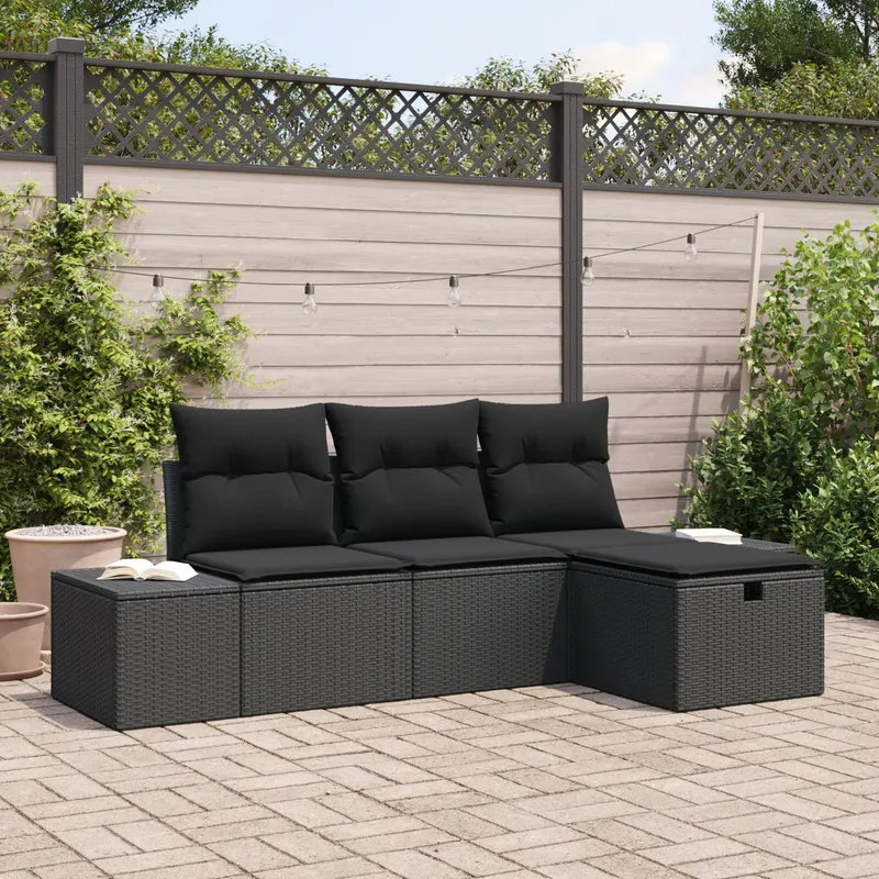 set canapea de gradina din 4 piese cu perne negru poliratan