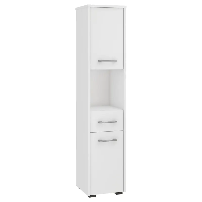 Dulap baie pal tip coloana 2 usi sertar rafturi, 30x30x140 cm, design minimalist, alb