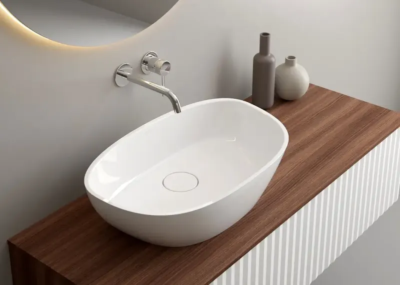 Lavoar compozit cu montare pe blat, 60x36 cm, alb lucios, Ondo Curve