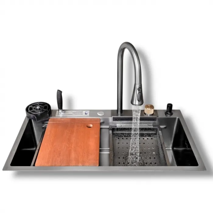 Set chiuveta bucatarie multifunctionala, baterie cu dus extractibil si accesorii, 750x460, gri antracit, Top Ceramic