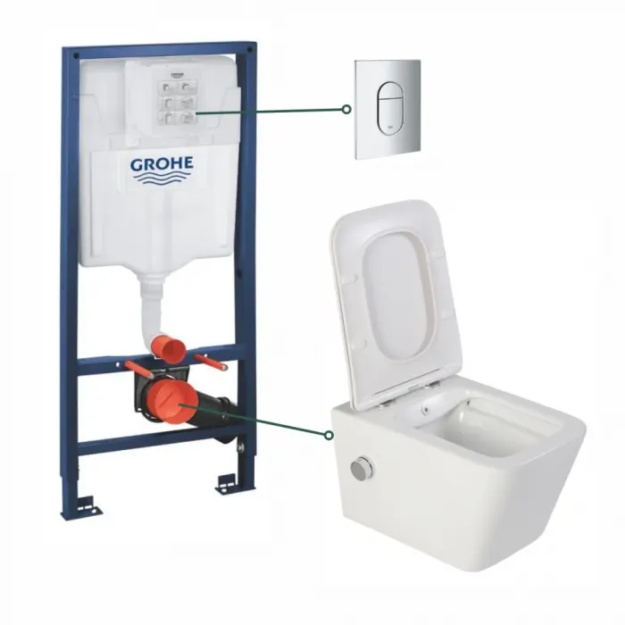 Set vas wc suspendat cu functie bideu alb si baterie inclusa crom Safari, rezervor wc incastrat si clapeta crom lucios, Grohe