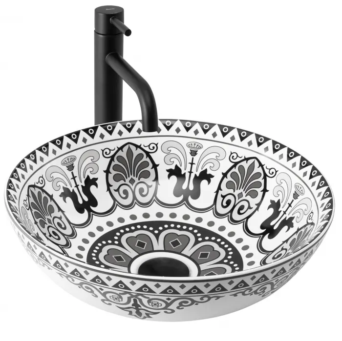 Lavoar pe blat cu design rotund cu model etnic alb-negru, Rea Etno