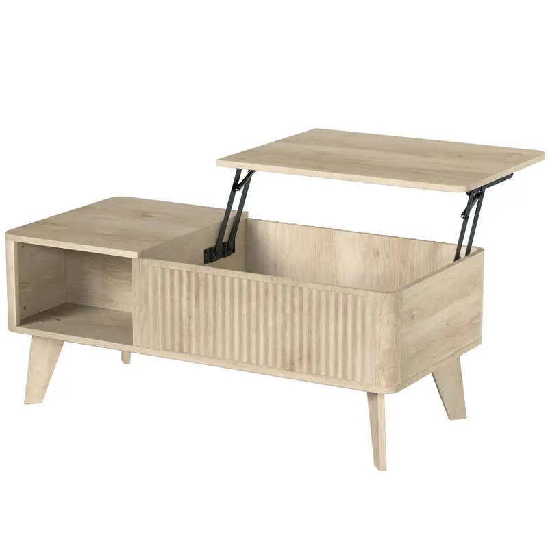 HOMCOM Masă de Cafea Rabatabilă, Compartiment Ascuns, 2 Polițe Deschise, Colțuri Rotunjite, Stil Mid-Century, 100x48x41cm, Stejar