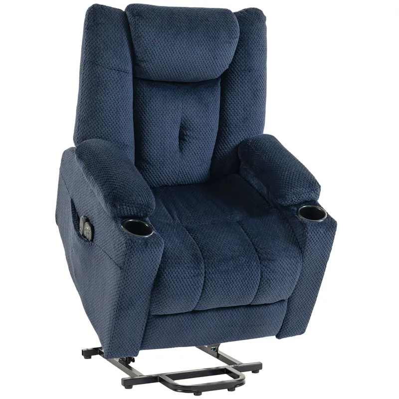HOMCOM Fotoliu Ridicător Electric cu Masaj Vibrant și Încălzire, Fotoliu Relax Electric din Catifea, Spătar Inclinabil Albastru