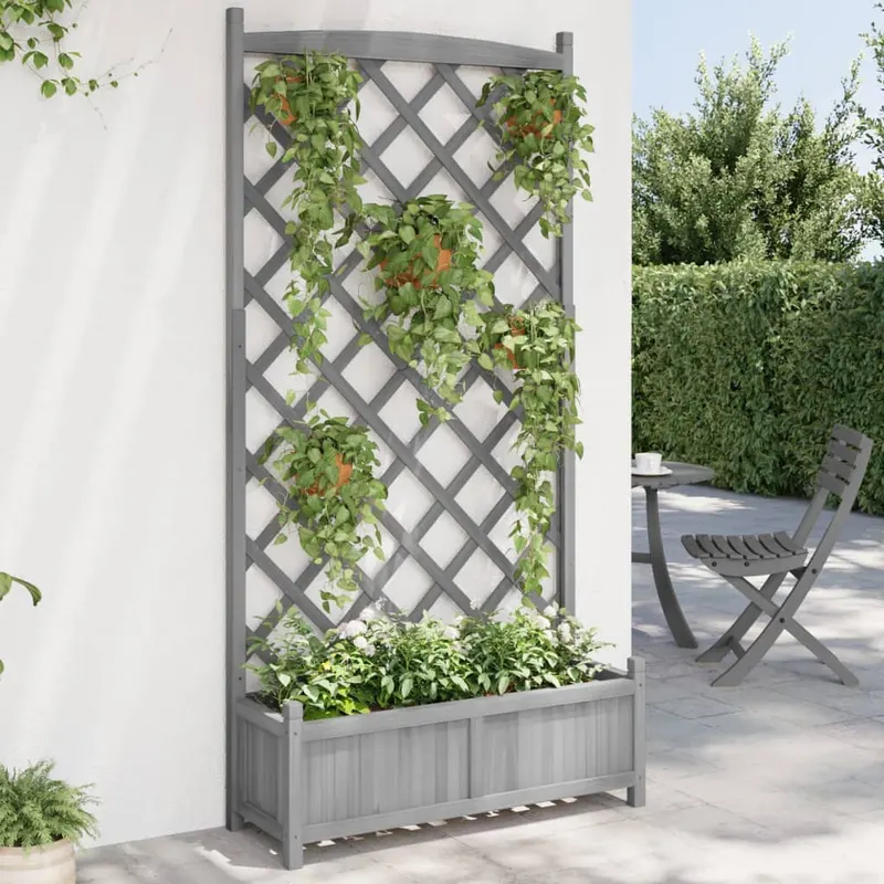 jardiniera cu spalier, gri, lemn masiv de brad