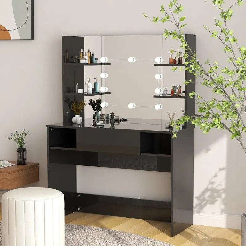 masa de machiaj cu lumini led, negru lucios, 100x40x135 cm, mdf