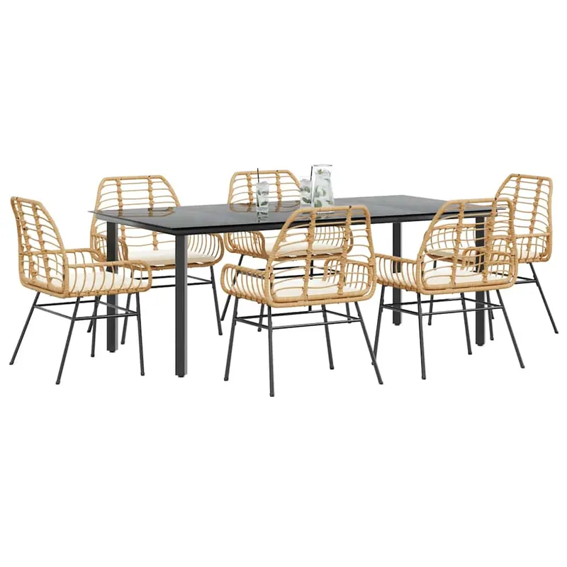 set de sufragerie de gradina de 7 piese sticla poliratan maro
