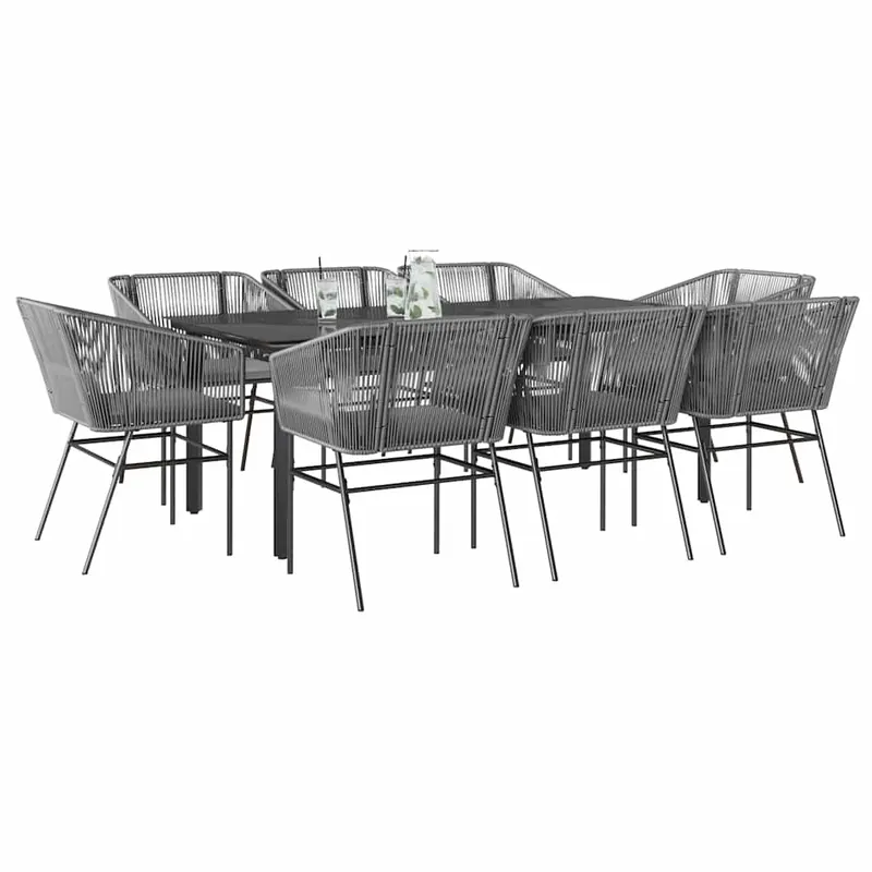 set de sufragerie de gradina de 9 piese sticla poliratan gri