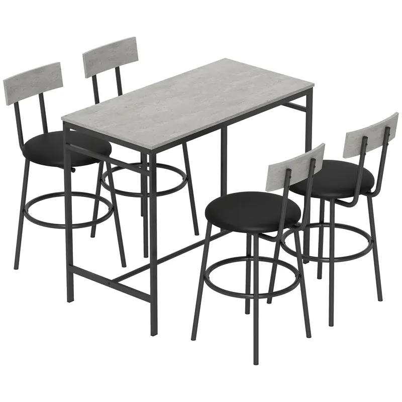 HOMCOM Set cu Masă Înaltă și 4 Scaune de Bar cu Spătar Stil Industrial Gri