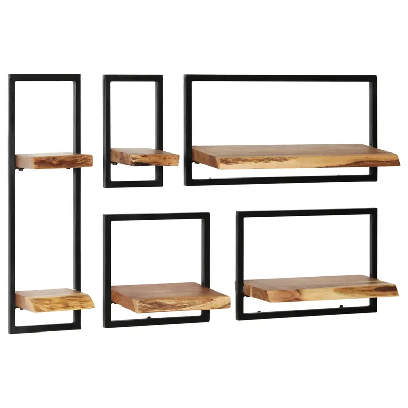 set rafturi de perete 5 piese, lemn masiv de acacia si otel