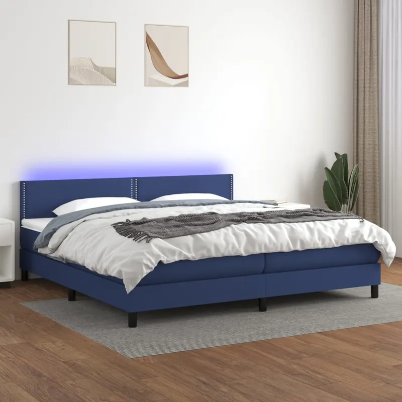 pat cu arcuri, saltea si led, albastru, 200x200 cm, textil