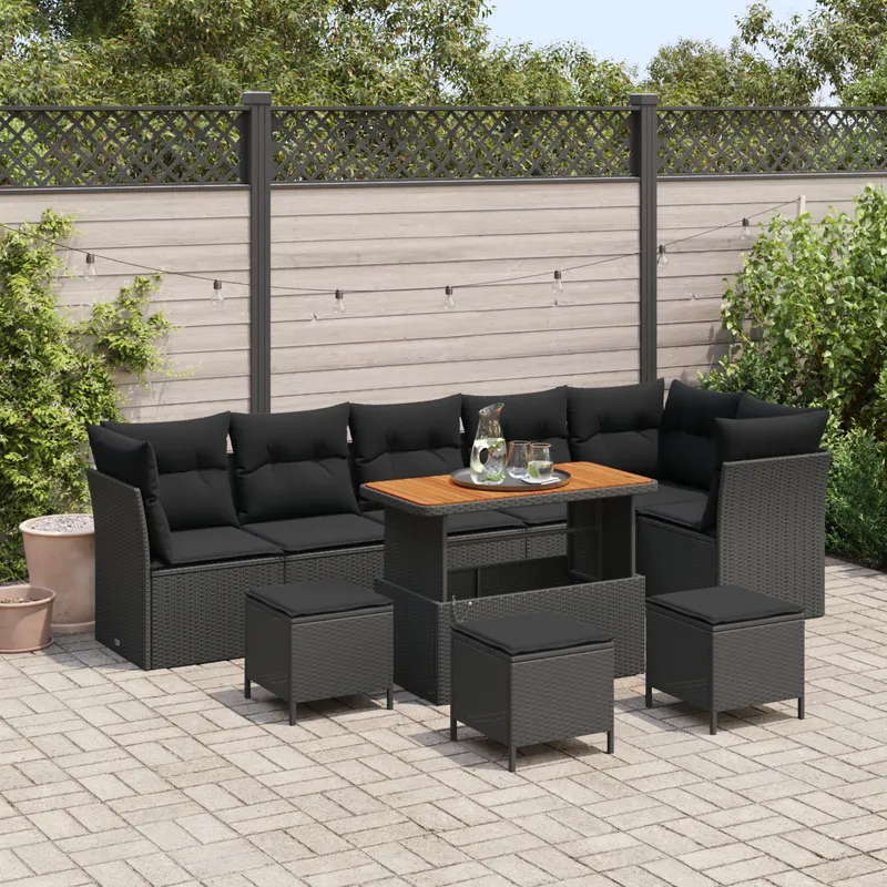 Set de canapea de gradina cu 10 piese cu perne negru ratan polimeric acacia, set de dining de gradina cu 4 piese cu perne negru ratan polimeric acacia