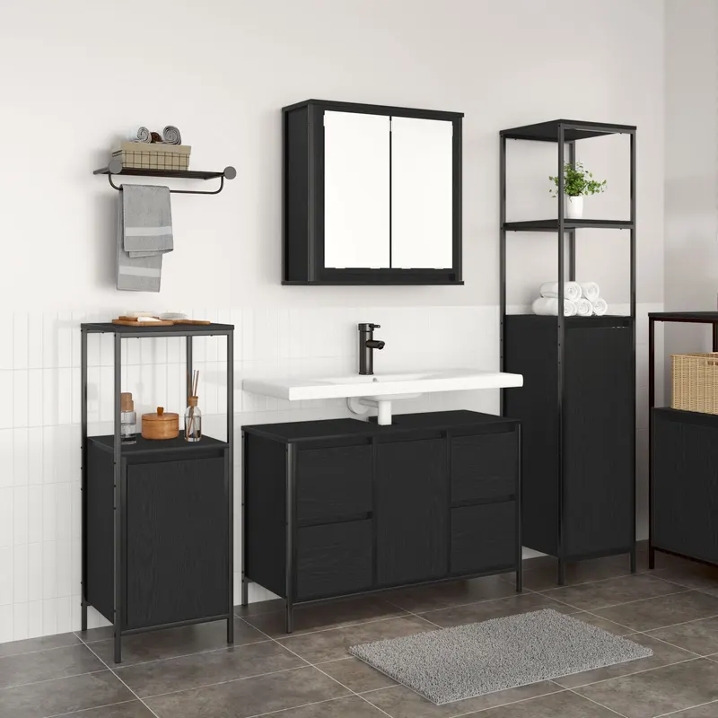Set de mobilier pentru baie 3 piese - stejar negru din lemn prelucrat