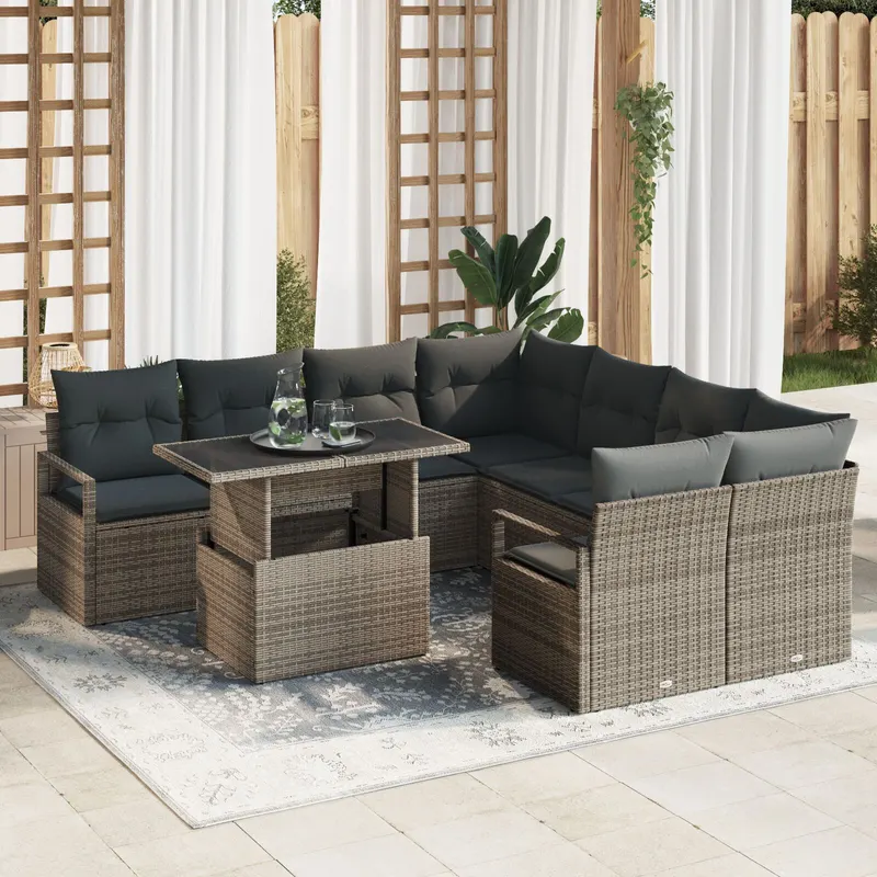Set de sofa pentru gradina 9 piese cu perne ratan gri poly, sofa pentru gradina cu 2 locuri cu spatiu de stocare & perne ratan gri poly