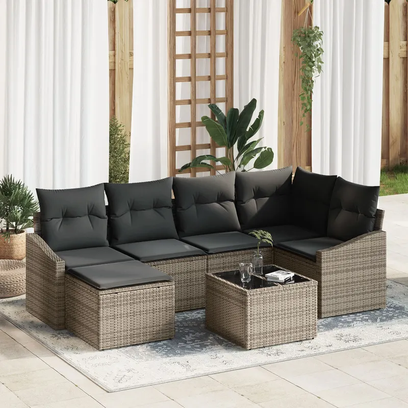 set de dining pentru gradina cu 6 piese si perne, ratan negru