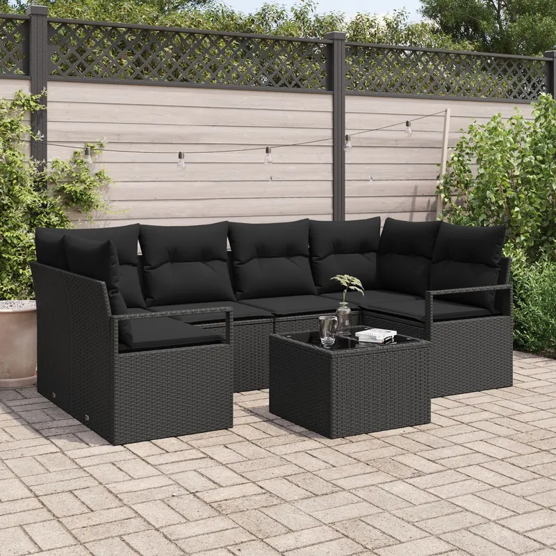 Set de canapele de gradina cu perne negru ratan polimer, canapea de gradina pentru doua persoane cu depozitare si perne negru ratan polimer