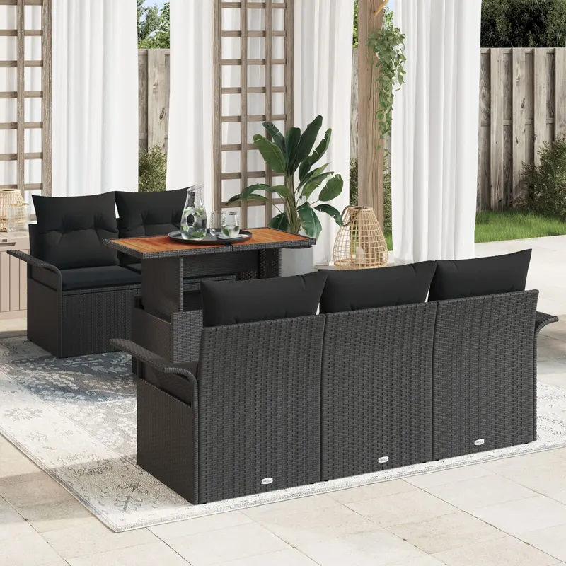 set de canapea de gradina cu 6 piese si perne, ratan negru si lemn