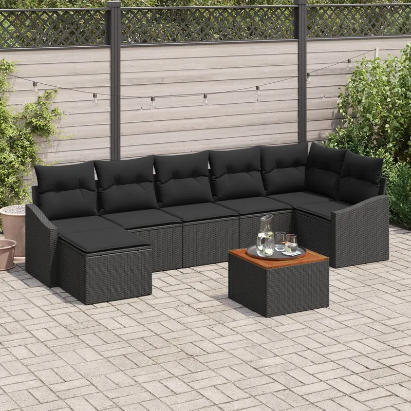 set de canapea pentru gradina cu 8 piese si perne negru poliratan acacia