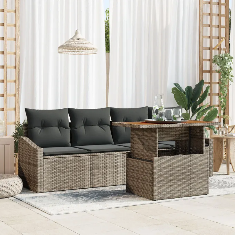 set de dining pentru gradina in 5 piese cu perne gri din poliratan acacia