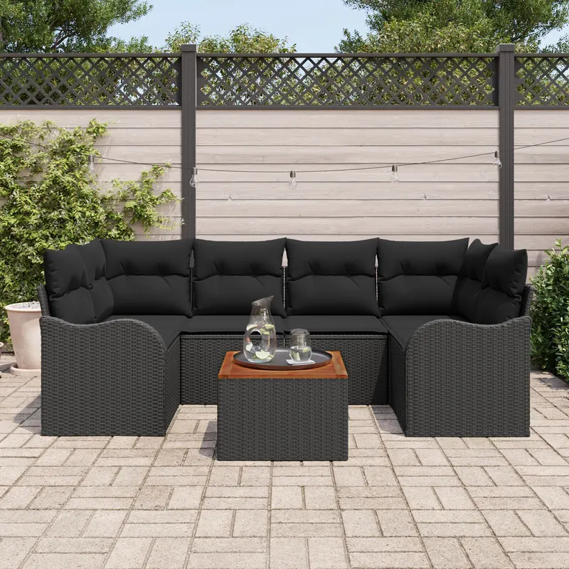 Set canapea gradina cu perne negru ratan poliester acacia, canapea gradina cu perne negru ratan poliester