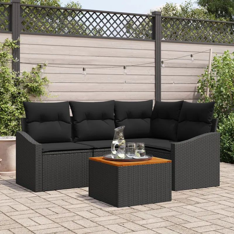 set de 5 piese de sofa pentru gradina cu perna neagra din ratan polimer acacia